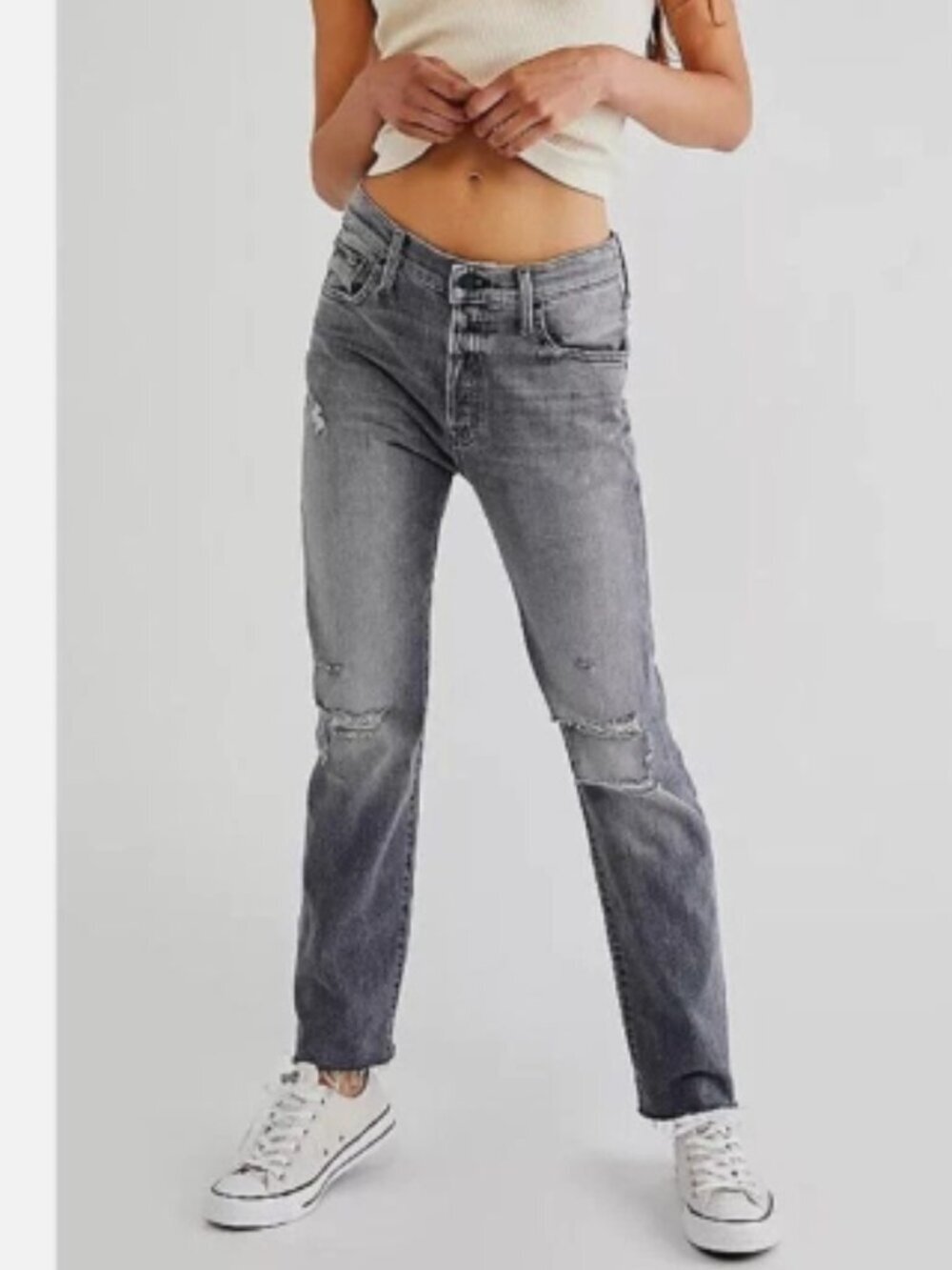 MOTHER The Scrapper Cuff Ankle Fray Jeans Faded Black Size 26